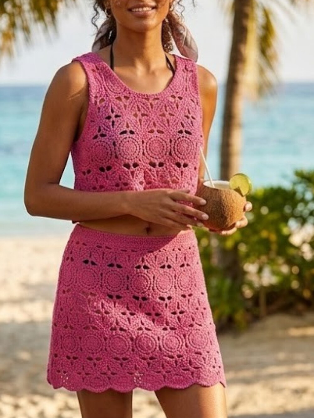 NWT Caroline Constas Crochet 2 Piece Top + Skirt Set In Pink Size Large